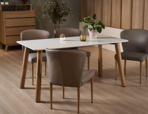 Bela Quartz Top Dining Table 1.4m With Marble Accents + 4 Anne Dining Chairs