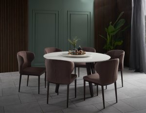 Kay Quartz Top Round Dining Table 1.5m + 6 Wing Dining Chairs