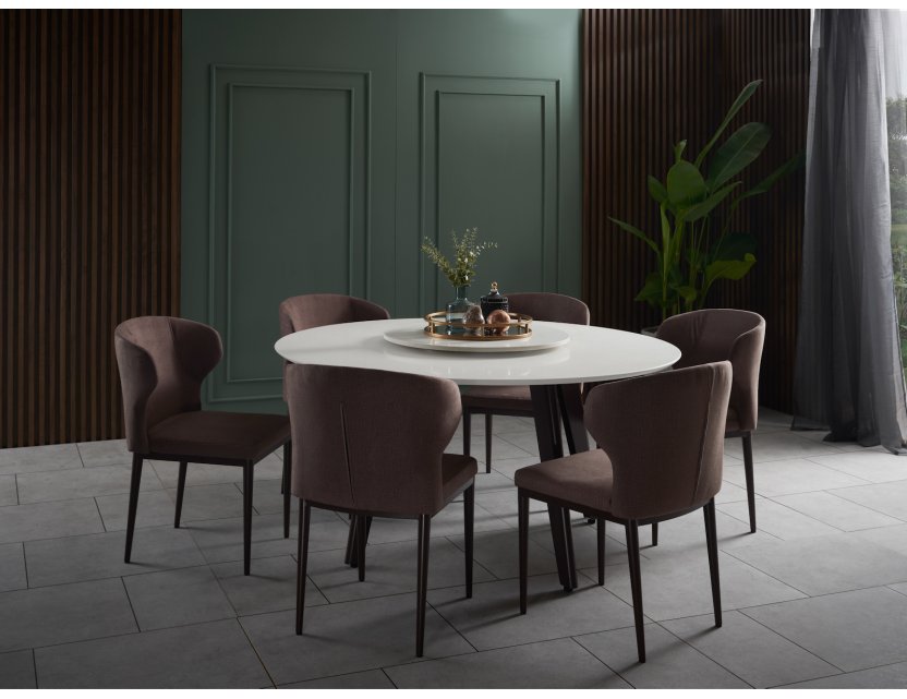 Kay Quartz Top Round Dining Table 1.5m + 6 Wing Dining Chairs