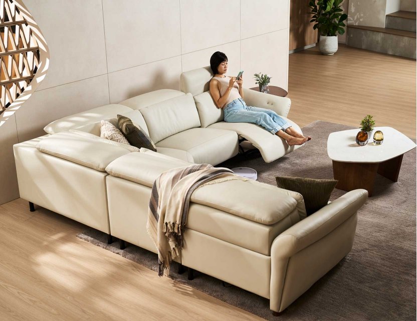 Phil Modular Full Thick Leather Sofa with High-Leg Motorised Incliner